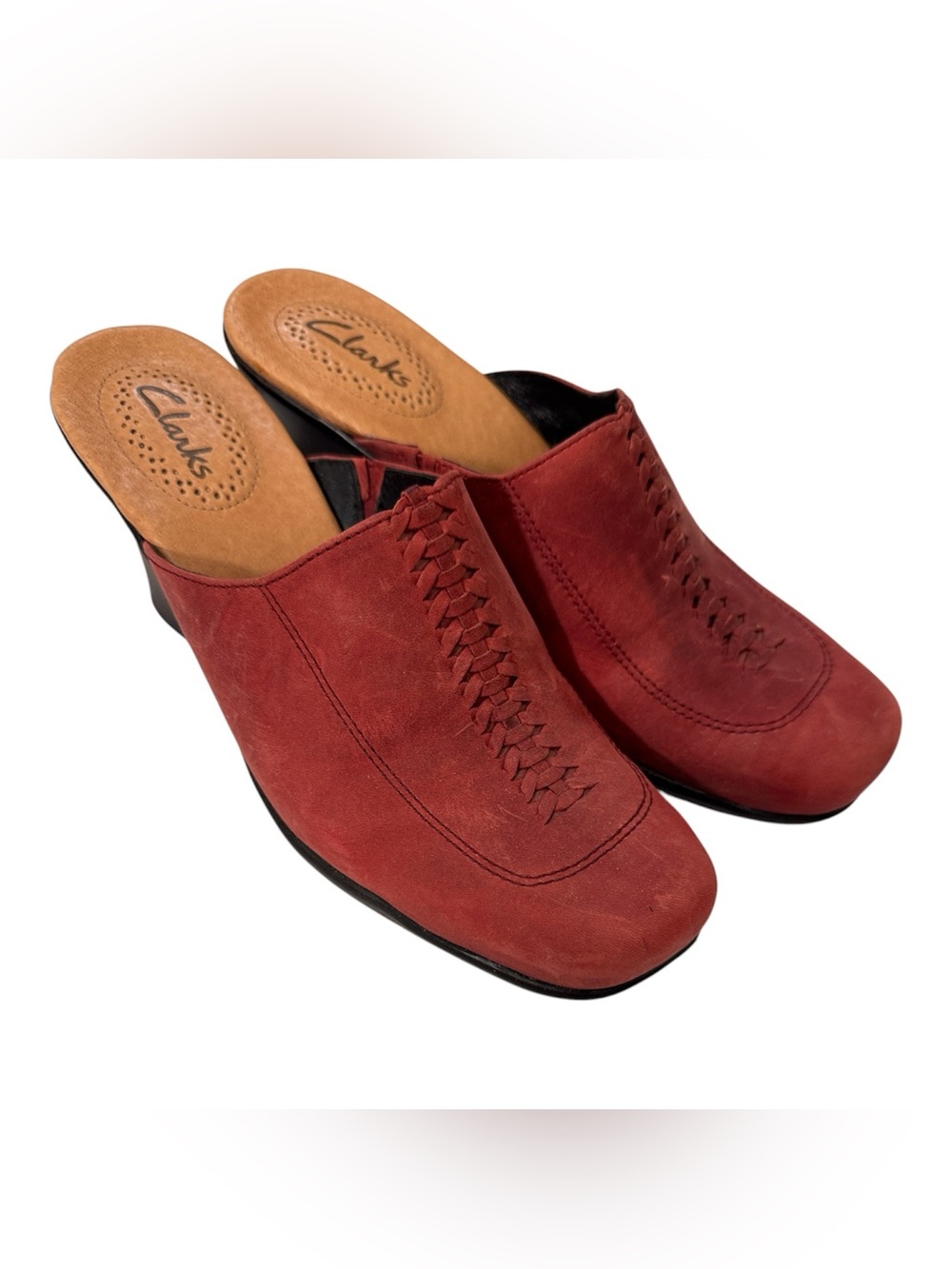 Clarks Red Leather Wedge Mule Y2K Shoes 7 Boho Coquette Girly Kitten Heels